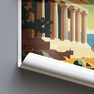 May include: A vintage-style illustration of a large, white building with columns, set against a blue sky with a yellow sun. The building has a brown roof and is surrounded by green trees and rocks.