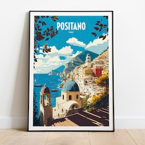 May include: A vintage travel poster featuring a colorful illustration of Positano, Italy. The poster depicts a picturesque coastal town with white buildings, a blue domed church, and a blue sea with boats. The text "Positano, Italy" is printed at the top of the poster.