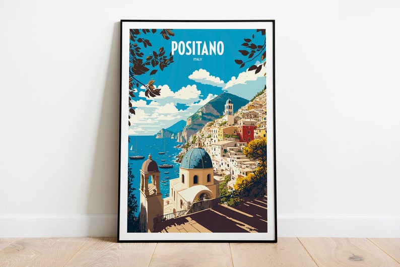 May include: A vintage travel poster featuring a colorful illustration of Positano, Italy. The poster depicts a picturesque coastal town with white buildings, a blue domed church, and a blue sea with boats. The text "Positano, Italy" is printed at the top of the poster.