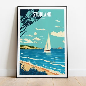 Studland Village Travel Print | Segelboot Studland Travel Art | Studland Seaside Travel Print | Studland Reise Poster | Küstendorf Kunst