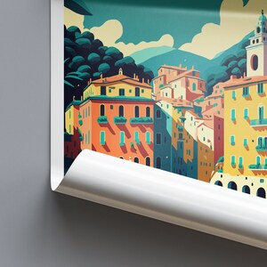 May include: A colorful illustration of a town with buildings in shades of yellow, orange, red, and blue. The buildings are clustered together on a hillside with green trees and a blue sky in the background.