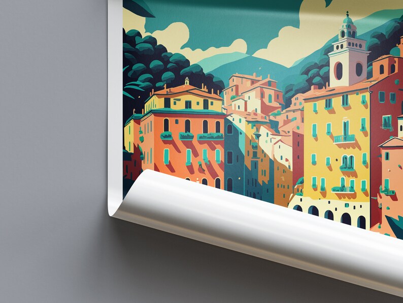 May include: A colorful illustration of a town with buildings in shades of yellow, orange, red, and blue. The buildings are clustered together on a hillside with green trees and a blue sky in the background.