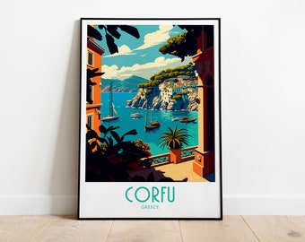 May include: A vintage travel poster with a colorful illustration of a view of a bay with boats and buildings on a hillside. The text "CORFU GREECE" is at the bottom of the poster.