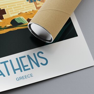 May include: A poster with a colorful illustration of the Acropolis in Athens, Greece. The poster has the text "ATHENS" in blue letters and "GREECE" in smaller blue letters below.