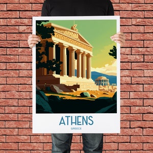 May include: A vintage travel poster featuring a colorful illustration of the Acropolis in Athens, Greece. The poster has a white border and the text "ATHENS, GREECE" at the bottom.