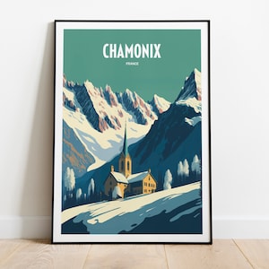 Chamonix Reisedruck | Chamonix Resort Reisekunst | Ski fahren Poster | Ski Bergspitze | Ski fahrendes Reiseposter