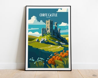 Corfe Castle UK Travel Print | UK Landmark Travel Art | Corfe Castle Travel Print | Dorset Landmark | Corfe Castle Travel Poster