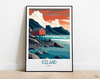 May include: A framed illustration of a red house on stilts overlooking a body of water with mountains in the background. The sky is a vibrant orange and pink with white clouds. The text "ICELAND" and "REYKJAVIK" is printed below the image.