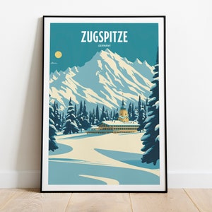Stampa di viaggio con sci sullo Zugspitze / Arte di viaggio sulla cima della montagna / Stampa di viaggio con sci sullo Zugspitze / Cima della montagna con sci / Poster di viaggio con sci