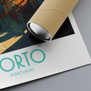 K&ouml;nnte beinhalten: Ein Poster mit einer farbenfrohen Illustration einer Stadtlandschaft. Der Text "PORTO PORTUGAL" ist in blaugr&uuml;n unten auf dem Poster gedruckt.