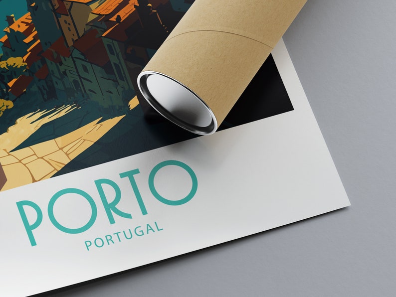 K&ouml;nnte beinhalten: Ein Poster mit einer farbenfrohen Illustration einer Stadtlandschaft. Der Text "PORTO PORTUGAL" ist in blaugr&uuml;n unten auf dem Poster gedruckt.