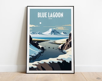 Pode incluir: Um pôster com uma ilustração azul e branca da Lagoa Azul na Islândia. O pôster apresenta uma cordilheira nevada ao fundo e um rio que deságua na lagoa em primeiro plano. O texto "BLUE LAGOON" está impresso em branco na parte superior do pôster.