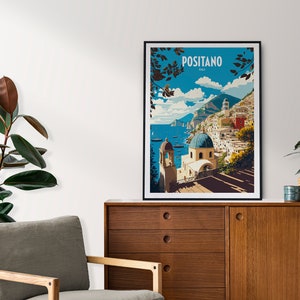 May include: A vintage travel poster featuring a colorful illustration of Positano, Italy. The poster depicts a picturesque coastal town with colorful buildings, a blue-domed church, and a view of the Mediterranean Sea.