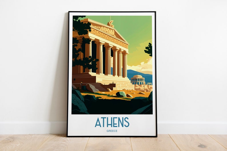 May include: A vintage travel poster with a stylized illustration of a Greek temple in Athens, Greece. The poster has a yellow, green, and blue color scheme and the text "ATHENS, GREECE" at the bottom.