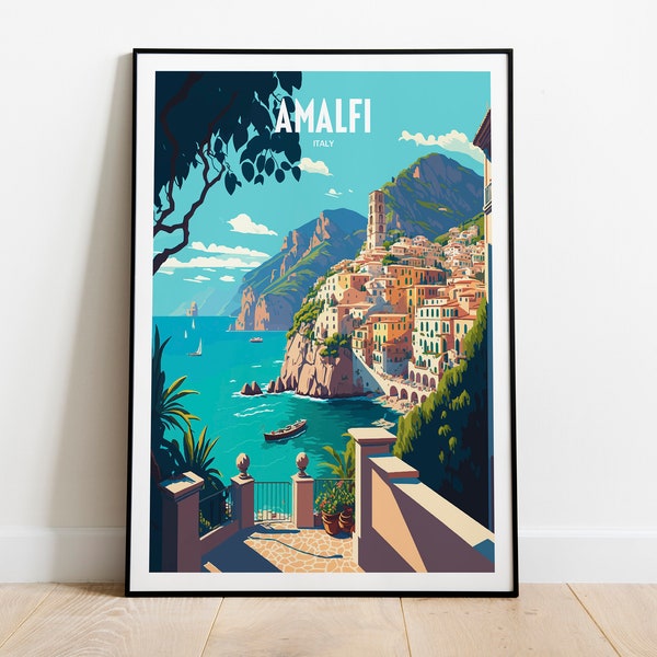 Amalfiküste Reise Druck | Italien Küste Reise Poster | Amalfi Italien Reisedruck | Italienisches Meer Retro Poster | Küsten Reise Poster