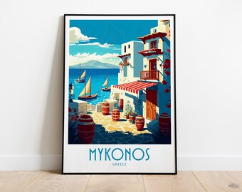 Puede incluir: Una ilustración colorida de una escena callejera en Mykonos, Grecia. La imagen presenta edificios blancos con techos de tejas rojas, un cielo azul con nubes blancas y una vista del mar Egeo. El texto "Mykonos, Grecia" está impreso en la parte inferior de la imagen.