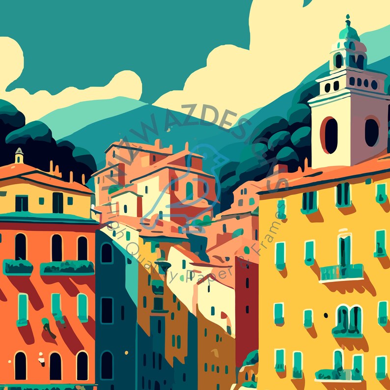 May include: A colorful illustration of a hillside village with buildings in shades of yellow, orange, and red. The buildings have windows and doors, and some have balconies. The sky is blue with white clouds.
