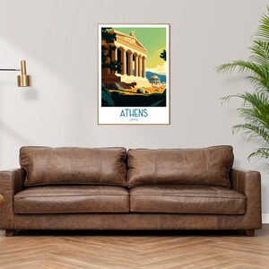 May include: A vintage travel poster with a colorful illustration of the Acropolis in Athens, Greece. The poster has a white background with the word "ATHENS" in blue text at the bottom.