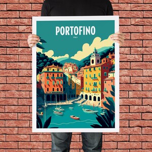 May include: A colorful illustration of the Italian town of Portofino, featuring colorful buildings, a harbor with boats, and lush greenery. The text "PORTOFINO ITALY" is displayed at the top of the image.