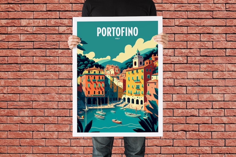 May include: A colorful illustration of the Italian town of Portofino, featuring colorful buildings, a harbor with boats, and lush greenery. The text "PORTOFINO ITALY" is displayed at the top of the image.