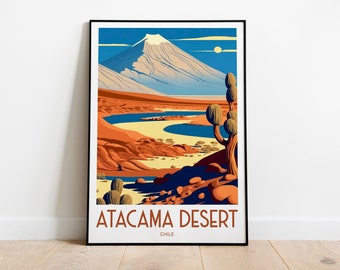 Puede incluir: Una ilustración colorida del desierto de Atacama en Chile. La imagen presenta una cordillera, un río sinuoso y un cactus solitario en primer plano. El texto "Atacama Desert" y "Chile" está impreso debajo de la imagen.