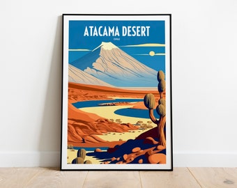 Puede incluir: Un cartel de viaje de estilo retro con una ilustración colorida del desierto de Atacama en Chile. El cartel presenta una cordillera, un río sinuoso y un paisaje desértico con cactus.