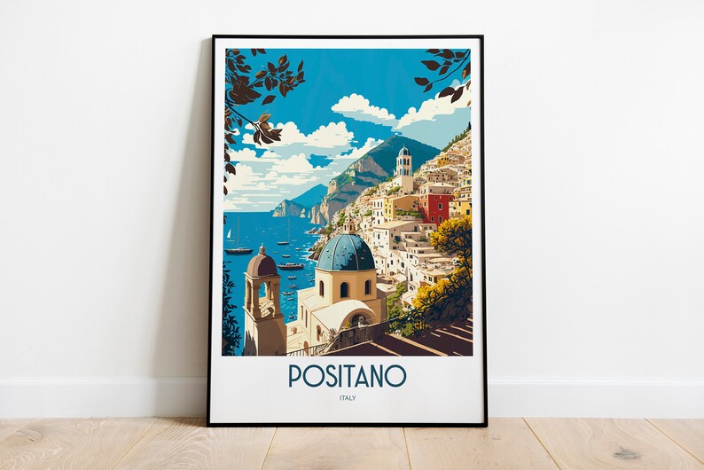 May include: A vintage travel poster featuring a colorful illustration of Positano, Italy. The poster depicts a picturesque coastal town with white buildings, a blue domed church, and a blue sea with boats. The text "Positano, Italy" is printed at the bottom of the poster.