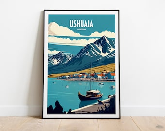 May include: A vintage travel poster featuring a colorful illustration of Ushuaia, Argentina. The poster depicts a town nestled between mountains and a body of water with a boat in the foreground. The text "USHUAIA ARGENTINA" is displayed at the top of the poster.