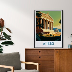 May include: A vintage travel poster with a green, yellow, and blue color scheme featuring a depiction of the Acropolis in Athens, Greece. The poster has the text "ATHENS, GREECE" at the bottom.