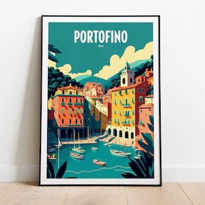 May include: A colorful illustrated poster of Portofino, Italy, featuring a picturesque harbor with boats and colorful buildings on a hillside. The poster has a teal background with white text.