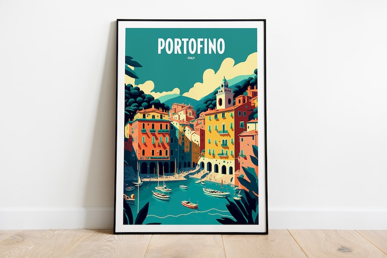 May include: A colorful illustrated poster of Portofino, Italy, featuring a picturesque harbor with boats and colorful buildings on a hillside. The poster has a teal background with white text.