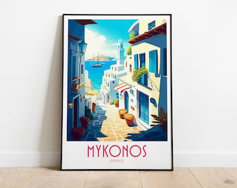 Puede incluir: Una ilustración colorida de una calle estrecha en Mykonos, Grecia. Edificios encalados con puertas y ventanas azules bordean la calle, que conduce a un mar azul con un barco en la distancia. El texto "Mykonos, Grecia" está en la parte inferior de la imagen.