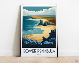 Gower Peninsula Travel Print Wall Art Gower Peninsula Travel Poster Gift For Wales Beach Scenery Wall Art Welsh Beach Wall Art Gower Beach
