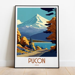 Póster de viaje de Pucón, arte de pared, póster de viaje de Pucón, Chile, Villarrica, regalo para Pucón, Villarrica, arte de pared con paisaje, arte de pared de la ciudad de Pucón, Chile, Pucón