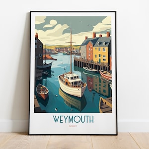 Reisafdruk Weymouth Harbor | Reiskunst Dorset County | Strandreisprint Engeland | Reisposter haven Weymouth | Kunst aan zee in Dorset