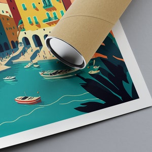 May include: A colorful illustration of a seaside town with buildings, boats, and palm trees. The print is rolled up in a brown tube.