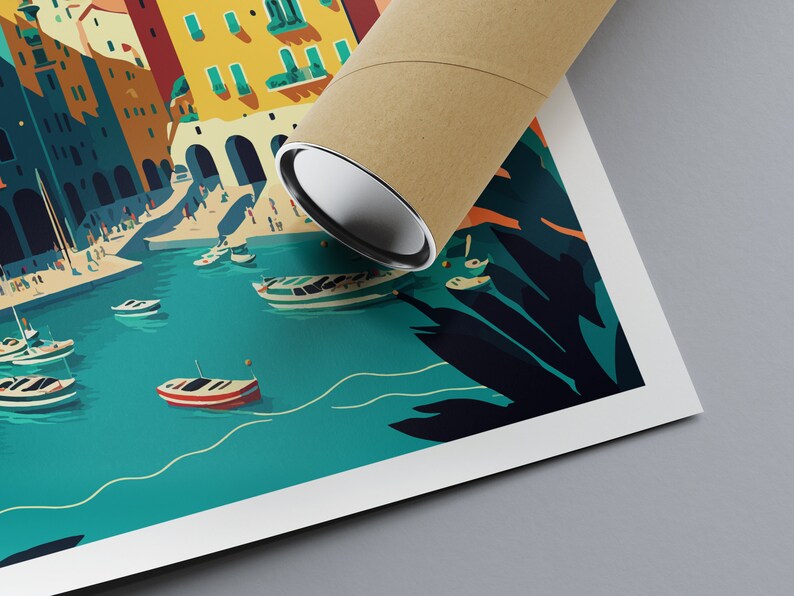 May include: A colorful illustration of a seaside town with buildings, boats, and palm trees. The print is rolled up in a brown tube.