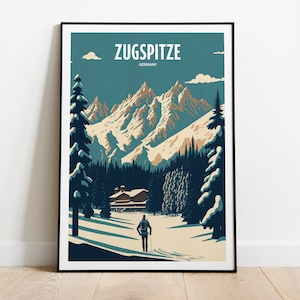 Stampa di viaggio con sci sullo Zugspitze / Arte di viaggio sulla cima della montagna / Stampa di viaggio con sci sullo Zugspitze / Cima della montagna con sci / Poster di viaggio con sci