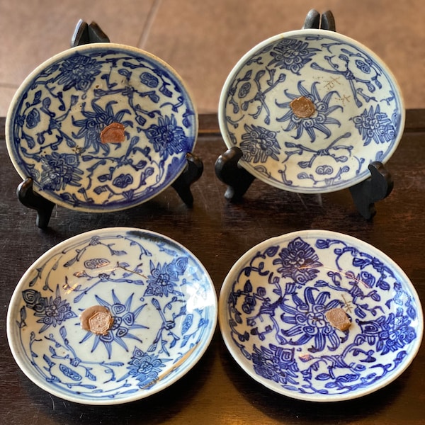 4 Marked Antique Qing Chinese Export Blue White Porcelain Plates 51/2”