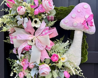 Pink Mushroom Wreath on Moss Base | Whimsical Cottagecore Door Decor