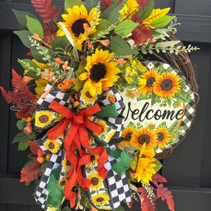 Sunflower Welcome Wreath for Front Door Fall Wreath with Buffalo Plaid Bow and Sunflower Sign Handmade Autumn Wreath Gift Fall Wreath