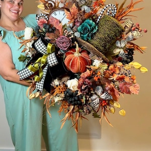 Extra Large Wonderland Fall Wreath with Pumpkins Clock and Top Hat Whimsical Autumn Door Decor Halloween Statement Wreath