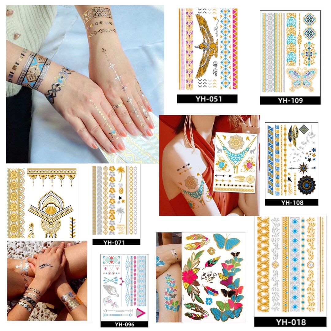 Metallic Temporary Tattoos for Adult Women Girls Tattoos Gold Silver ...