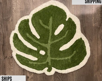 Tufted FLUFFY MONSTERA LEAF fall rug / green rug, ultra soft and fluffy leaf rug, decorative accent rug, green fluffy rug, ships in 24h