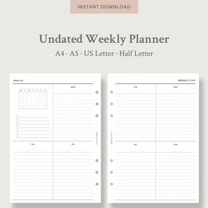 Semana sin fecha en dos páginas / Plantilla de planificador semanal imprimible para carpeta de anillas / Semanal con calendario mensual y tareas pendientes / A4, A5, Carta, Mitad