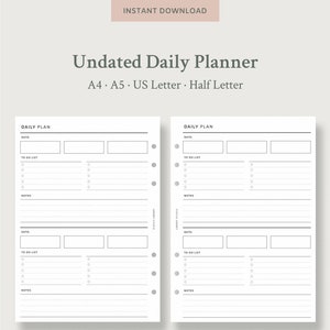 Planificador diario sin fecha Imprimible / Plantilla de planificador diario para carpeta de anillo / Plan de hoy Lista de las tres prioridades principales / A4, A5, Carta, Mitad