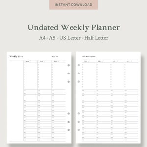 May include: An undated weekly planner with a minimalist design. The planner includes sections for each day of the week, with hourly time slots and space for goals. The top of the planner reads "Instant Download" and "Undated Weekly Planner".