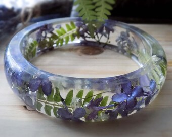 Pressed Flower Real lilac,  Botanical bracelet, Green feern, Bangle jewelry, pressed flower handmade gift, real flowers mother day