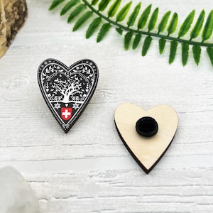 Swiss Papercut Heart Wooden Pin Badge