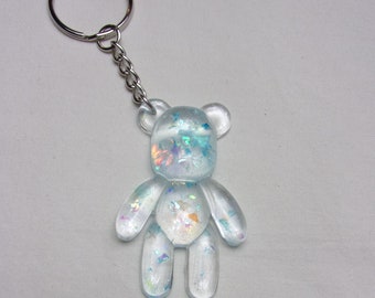 Teddy Bear Glitter Keychain, Handmade Resin, Key Ring, Animal